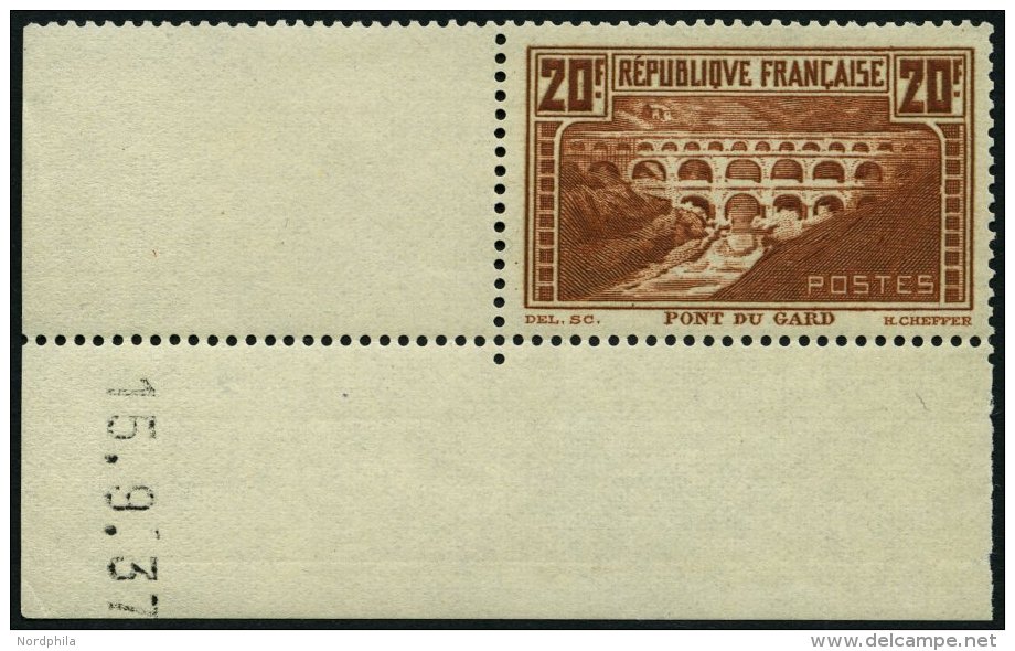 FRANKREICH 242C **, 1931, 20 Fr. Br&uuml;cke &uuml;ber Den Gard, Gez&auml;hnt K 13, Bogenecke Mit Druckdatum, Pracht, R! - Otros & Sin Clasificación