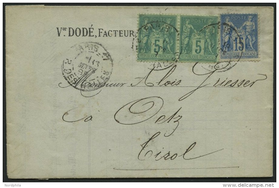 FRANKREICH 73,84II Paar BrfStk, 1889, 15 C. Blau Und 5 C. Hellgelbgr&uuml;n Im Waagerechten Paar Auf Rechnung Mit K2 PAR - Sonstige & Ohne Zuordnung