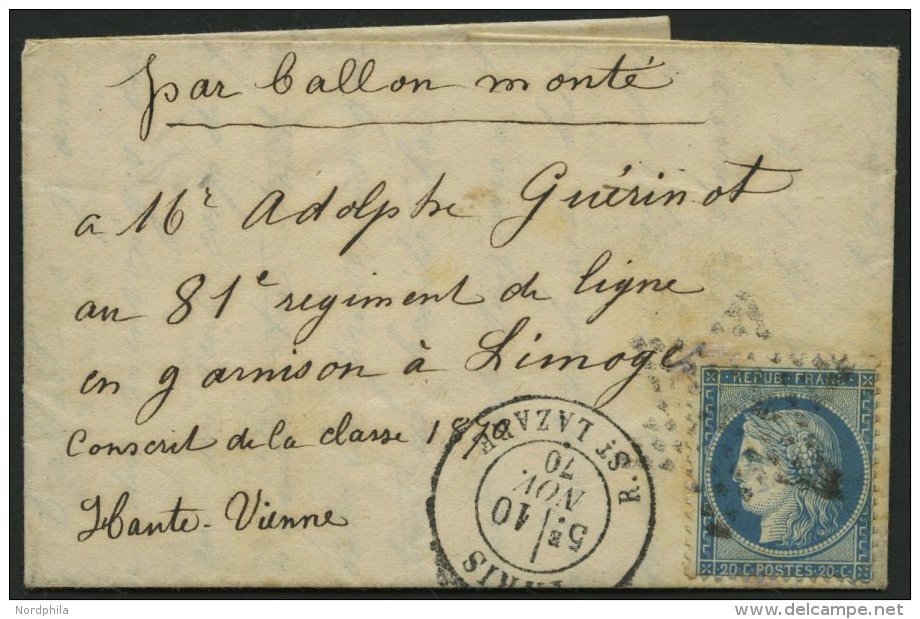 FRANKREICH 34 BRIEF, 1870, 20 C. Blau Mit Sternenstempel Auf Ballon Monte-Faltbrief Mit K2 PARIS R.St. LAZARE An Das 81. - Otros & Sin Clasificación