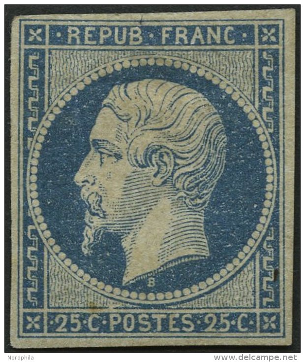 FRANKREICH 9a *, 1852, 25 C. Blau, Falzreste, Senkrechter Bug Sonst Farbfrisches Prachtst&uuml;ck, Signiert Brum Und Fot - Sonstige & Ohne Zuordnung