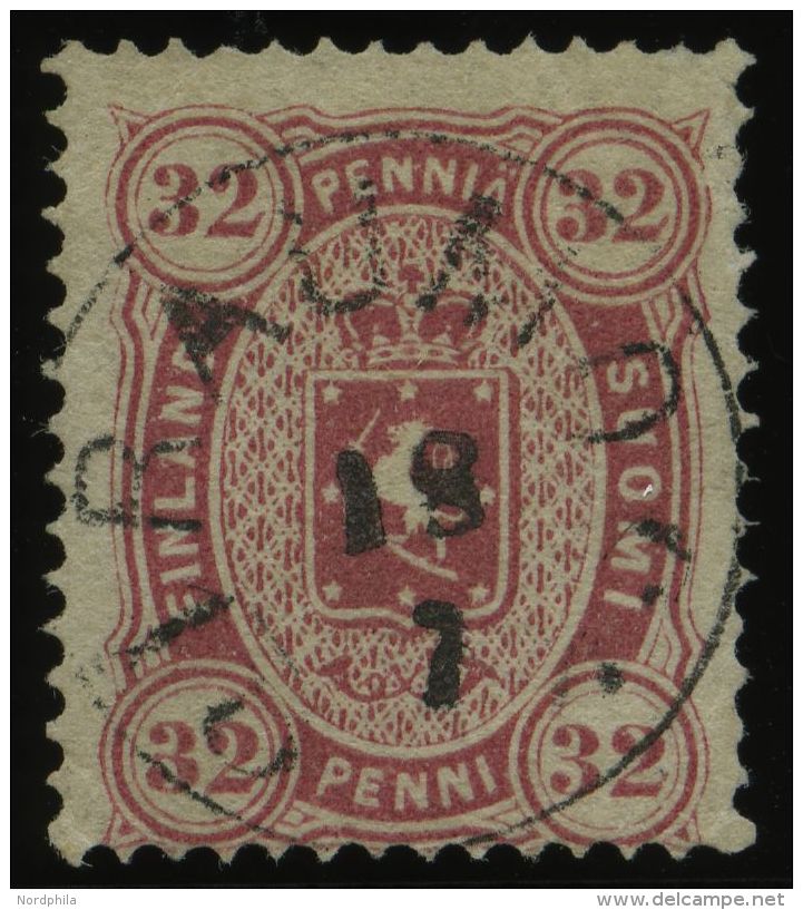 FINNLAND 11 O, 1875, 32 P. Karminrosa, Zentrischer K1 RAUMO, Kleine Korrektur, Feinst, Mi. (600.-) - Otros & Sin Clasificación