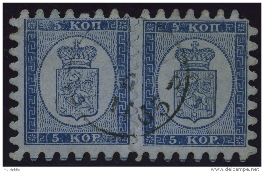 FINNLAND 3B Paar O, 1865, 5 K. Blau Auf Graublau Im Waagerechten Paar, Linke Marke Oben Zwei Verk&uuml;rzte Z&auml;hne, - Sonstige & Ohne Zuordnung