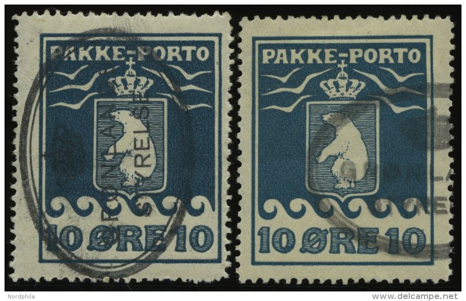 GR&Ouml;NLAND - PAKKE-PORTO 7A O, 1928/31, 10 &Oslash; Blau Und Gr&uuml;nblau, Gez&auml;hnt L 111/4, (Facit P 7III Und I - Paketmarken