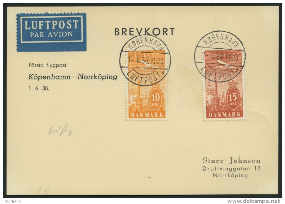 ERSTFL&Uuml;GE 1.6.1938, Kopenhagen-Norrk&ouml;ping-Stockholm, Prachtkarte - Sonstige & Ohne Zuordnung