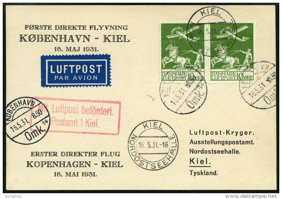 ERSTFL&Uuml;GE 16.5.1931, Erster Direktflug Kopenhagen-Kiel, Frankiert Mit Waagerechtem Paar Nr. 143, Seltener Ankunftss - Sonstige & Ohne Zuordnung
