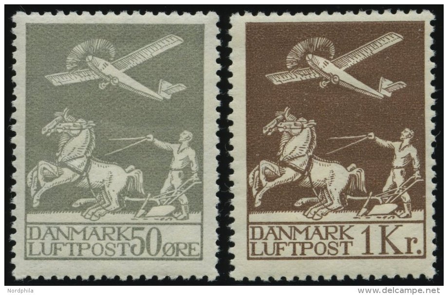 D&Auml;NEMARK 180/1 *, 1929, 50 &Oslash; Und 1 Kr. Flugpost, Falzrest, Pracht - Usado