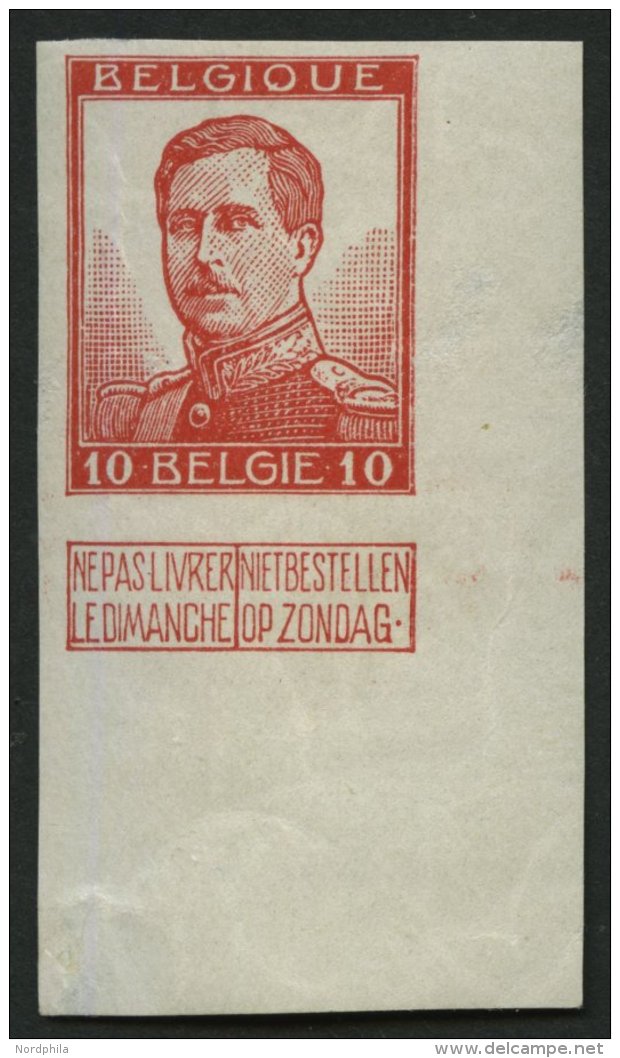 BELGIEN 100IIU **, 1912, 10 C. K&ouml;nig Adalbert I., Ohne Entwerfernamen, Untere Rechte Ungez&auml;hnte Bogenecke, Pra - Bélgica