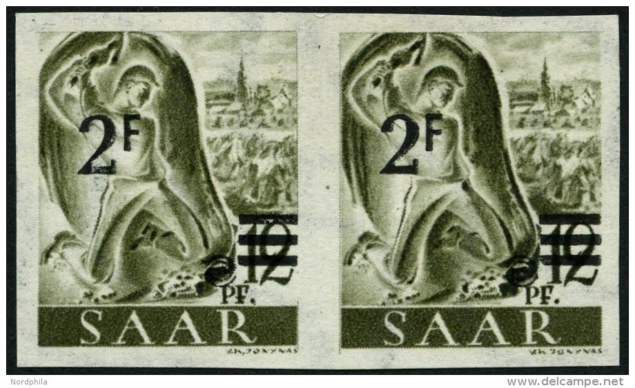 SAARLAND 229YIU Paar **, 1947, 2 Fr. Auf 12 Pf. Schwarzgrauoliv, Wz. 1Y, Ungez&auml;hnt, Im Waagerechten Paar, Pracht, G - Otros & Sin Clasificación