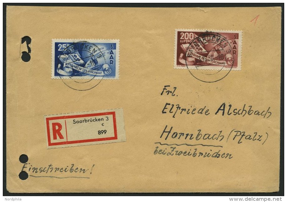 SAARLAND 297/8 BRIEF, 1950, Europarat Auf Einschreibbrief, Pracht, Fotoattest Ney: Der Brief Wurde Beim Empf&auml;nger D - Sonstige & Ohne Zuordnung