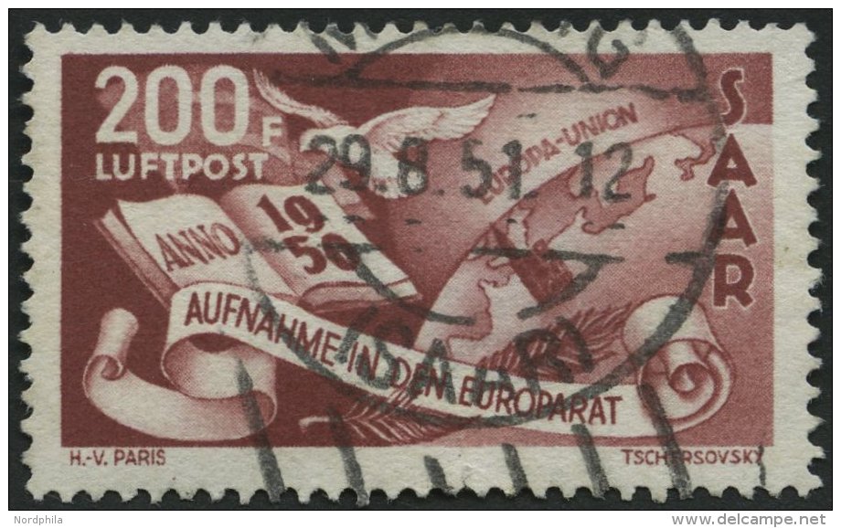 SAARLAND 298 O, 1950, 200 Fr. Europarat, Feinst (kleine Aufrauhung), Gepr. Ney, Mi. 310.- - Sonstige & Ohne Zuordnung