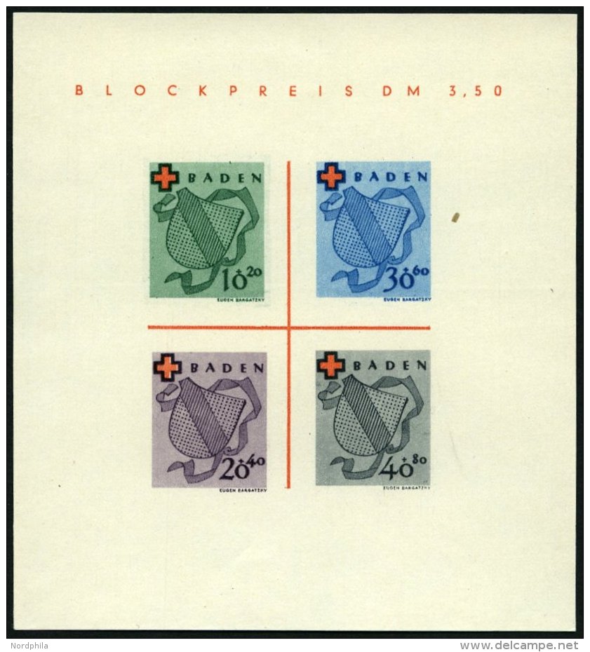 BADEN Bl. 2I/III (*), 1949, Block Rotes Kreuz, Type III: Gr&uuml;ner Punkt Auf Bildrand Oberhalb DE In Baden, Pracht, Mi - Otros & Sin Clasificación