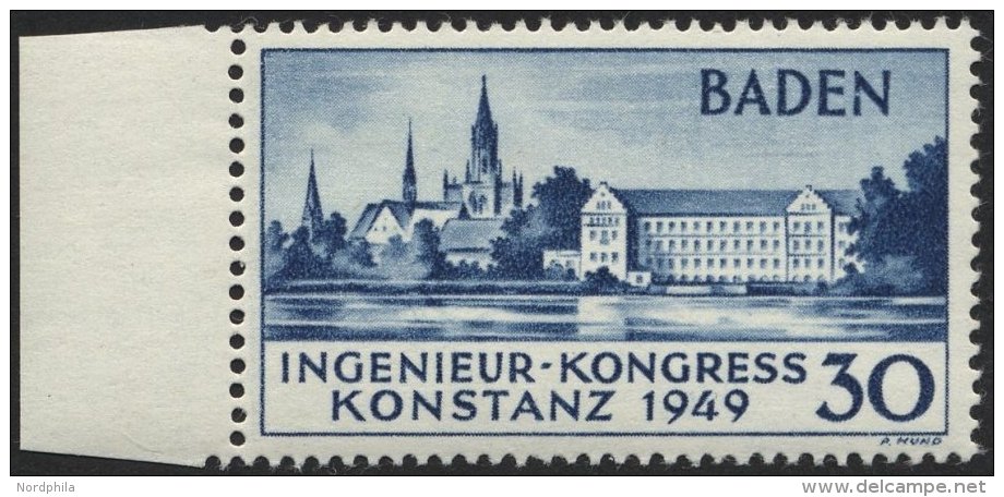 BADEN 46II **, 1949, 30 Pf. Konstanz II, Linkes Randst&uuml;ck, Pracht, Gepr. Schlegel, Mi. 650.- - Sonstige & Ohne Zuordnung