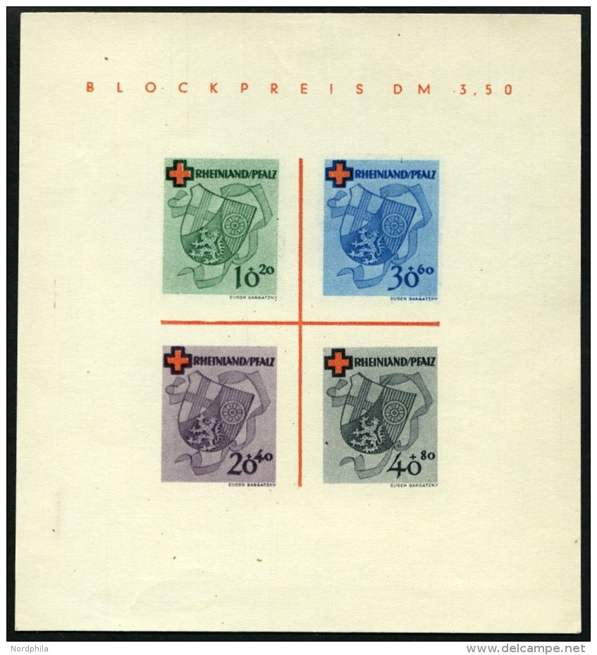 RHEINLAND PFALZ Bl. 1I/V (*), 1949, Block Rotes Kreuz, Type V: Roter Querbalken Des B In Blockpreis Verdickt, Falzrest, - Sonstige & Ohne Zuordnung