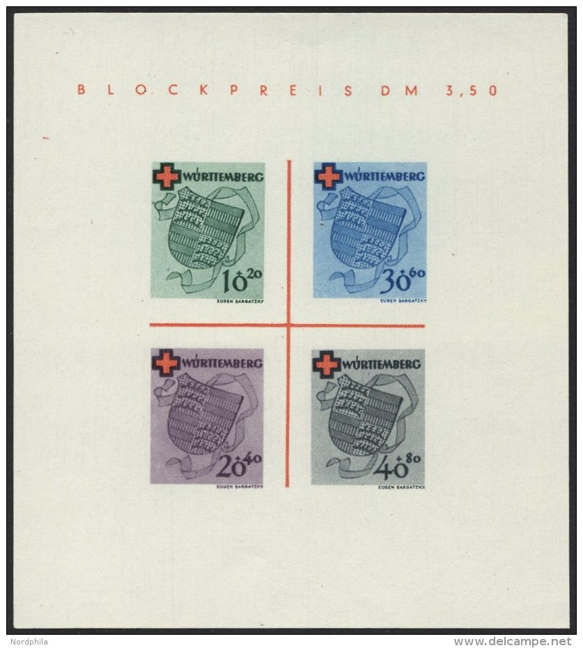 W&Uuml;RTTEMBERG Bl. 1I/I (*), 1949, Block Rotes Kreuz, Tpye I: Roter Querstrich Links Unterhalb In B In Blockpreis, Pra - Other & Unclassified
