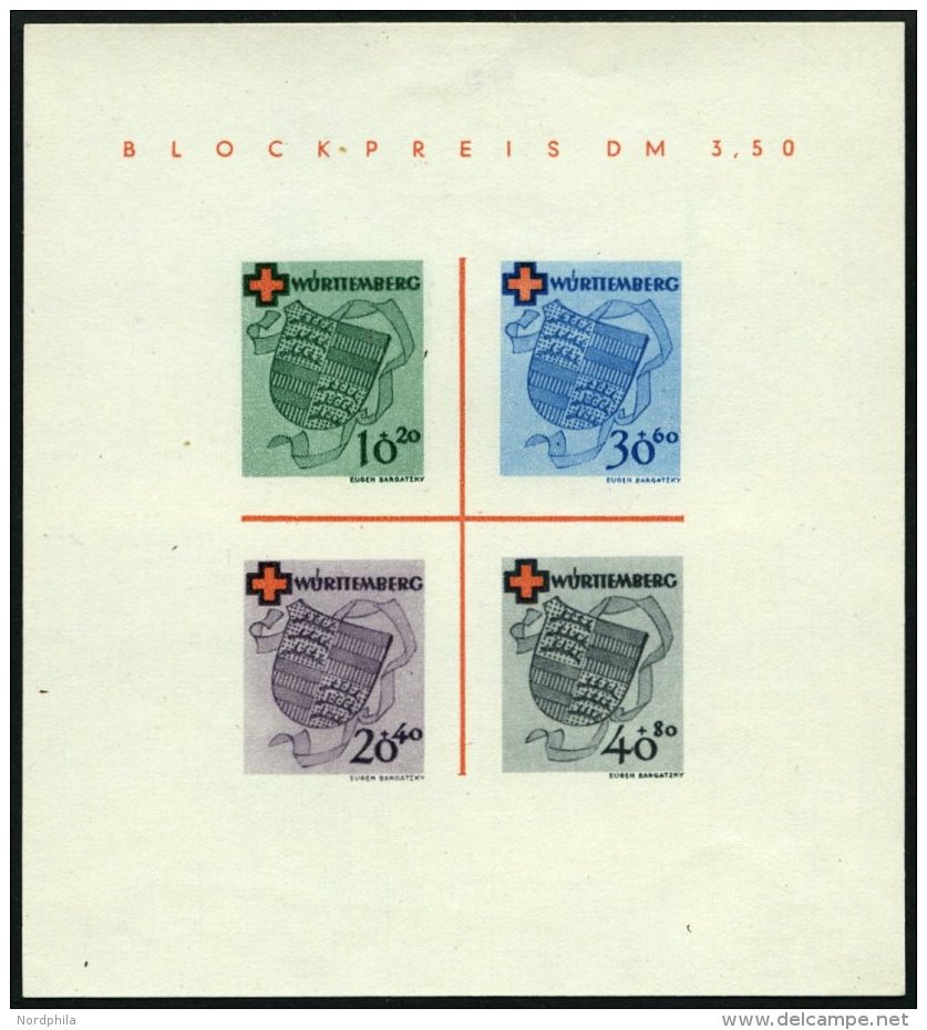 W&Uuml;RTTEMBERG Bl. 1I/V (*), 1949, Block Rotes Kreuz, Type IV: Roter Doppelpunkt Unter R In Blockpreis, Falzrest, Prac - Otros & Sin Clasificación