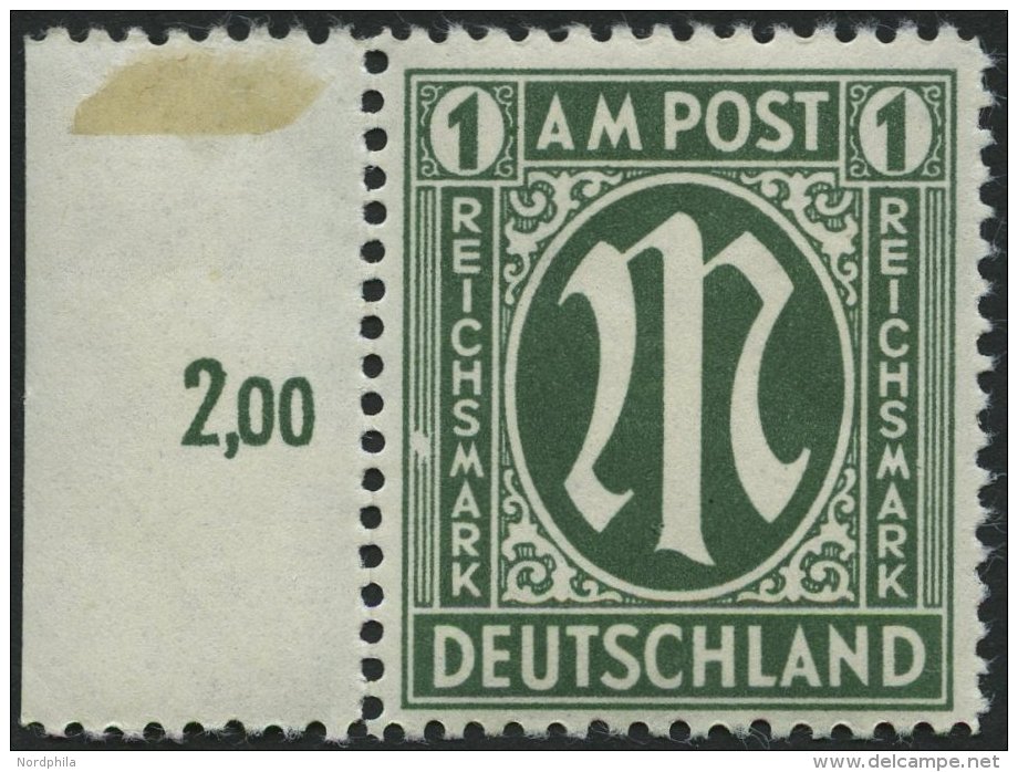 AMERIK. U. BRITISCHE ZONE 35IV **, 1946, 1 RM Dunkelgraugr&uuml;n Mit Abart Linke Zierlinien Neben SM In Reichsmark Durc - Otros & Sin Clasificación