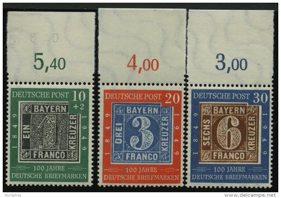 BUNDESREPUBLIK 113-15 **, 1949, 100 Jahre Briefmarken Vom Oberrand, Prachtsatz - Sonstige & Ohne Zuordnung