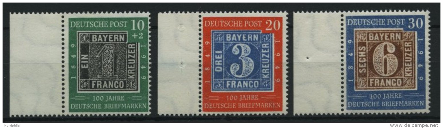 BUNDESREPUBLIK 113-15 **, 1949, 100 Jahre Briefmarken Vom Linken Rand, Prachtsatz - Otros & Sin Clasificación