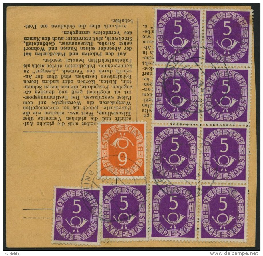 BUNDESREPUBLIK 125 BRIEF, 1954, 5 Pf. Posthorn Im Achterblock R&uuml;ckseitig Mit 20 Pf. Zusatzfrankatur Auf Paketkarte - Gebraucht