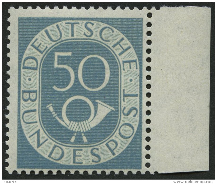 BUNDESREPUBLIK 134 **, 1952, 50 Pf. Posthorn, Rechtes Randst&uuml;ck, Pracht, Gepr. Schlegel, Mi. 200.- - Sonstige & Ohne Zuordnung