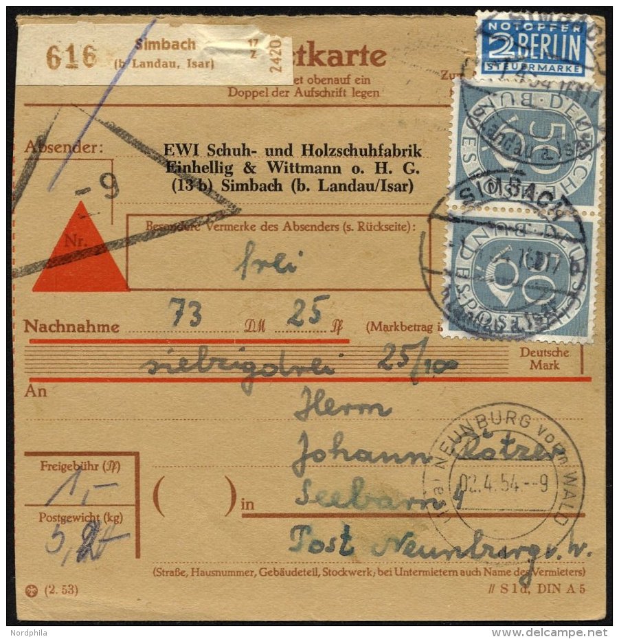 BUNDESREPUBLIK 134 Paar BRIEF, 1954, 50 Pf. Posthorn Im Waagerechten Paar Als Mehrfachfrankatur Auf Nachnahme-Paketkarte - Gebraucht