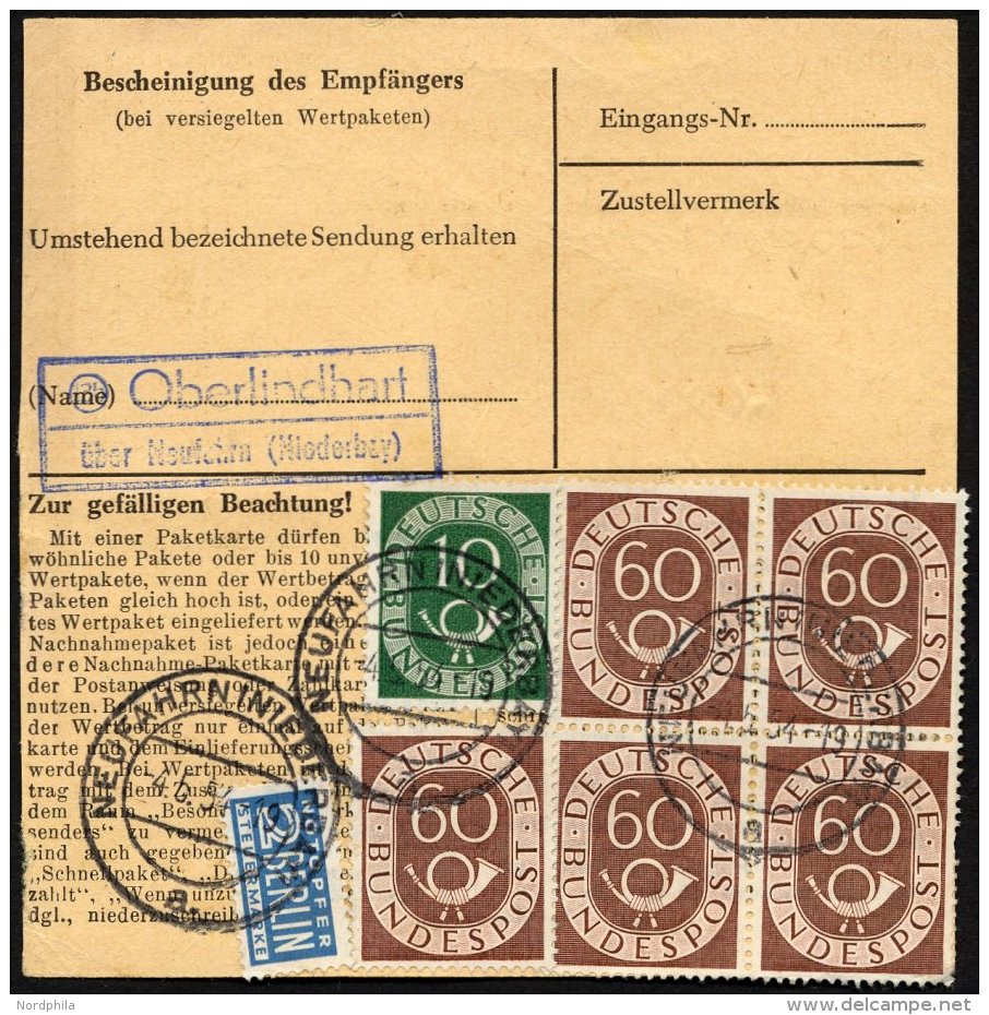 BUNDESREPUBLIK 135 VB BRIEF, 1954, 60 Pf. Posthorn Im Viererblock Mit Zusatzfrankatur R&uuml;ckseitig Auf Paketkarte Aus - Oblitérés