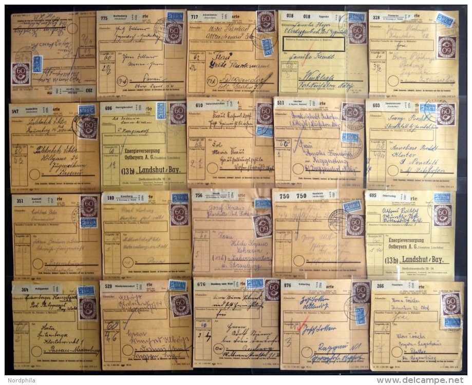 BUNDESREPUBLIK 135 BRIEF, 1954, 60 Pf. Posthorn, 20x Als Einzelfrankatur Auf Paketkarte, Aus Verschiedenen Niederbayrisc - Usados