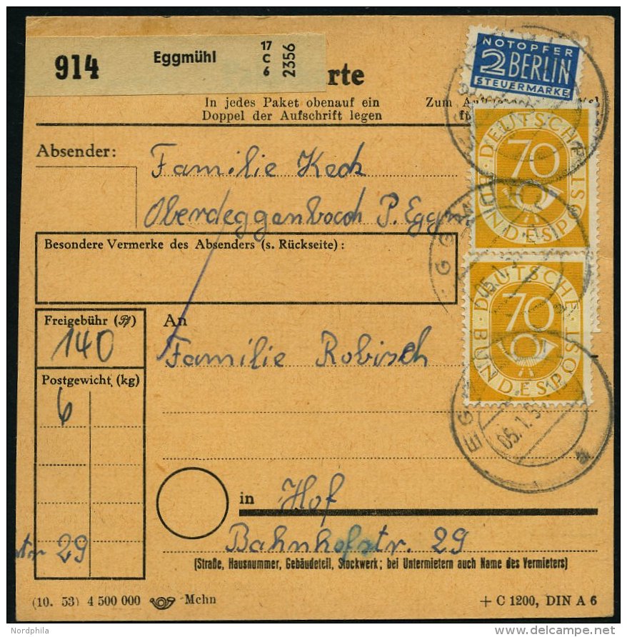 BUNDESREPUBLIK 136 BRIEF, 1954, 70 Pf. Posthorn, 2x Als Mehrfachfrankatur Auf Paketkarte Aus EGGM&Uuml;HL, Obere Marke M - Gebraucht