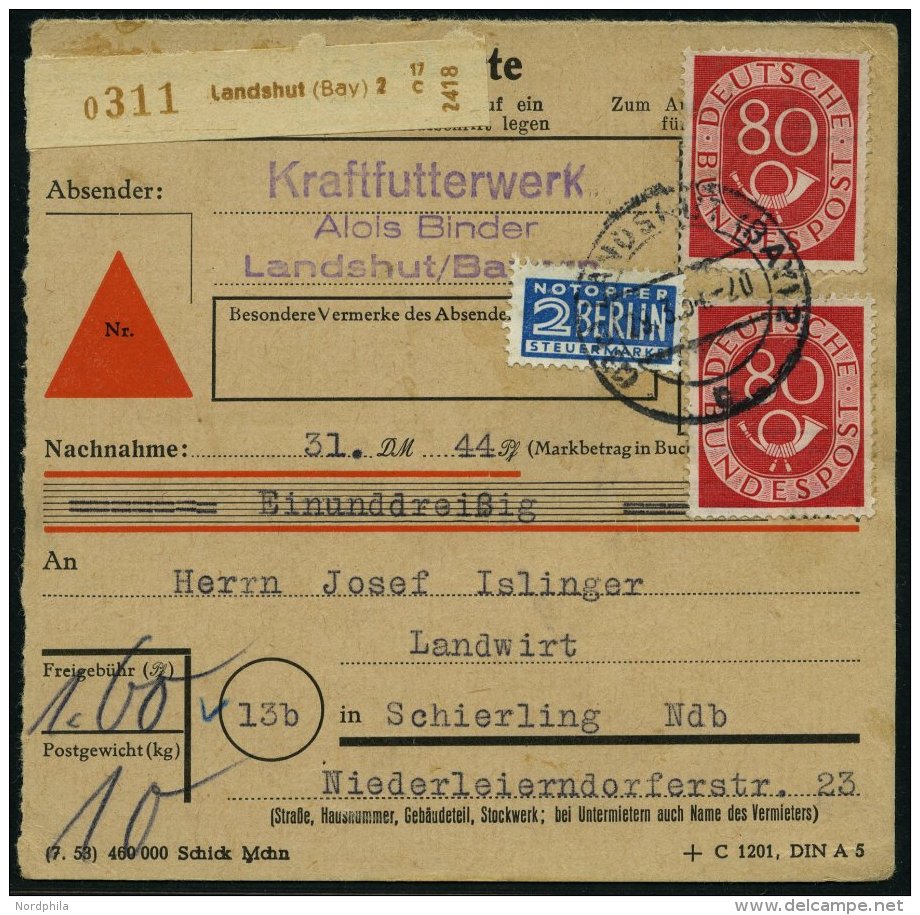 BUNDESREPUBLIK 137 BRIEF, 1954, 80 Pf. Posthorn, 2x Als Mehrfachfrankatur Auf Nachnahmekarte Aus LANDSHUT, Normale Z&aum - Gebraucht