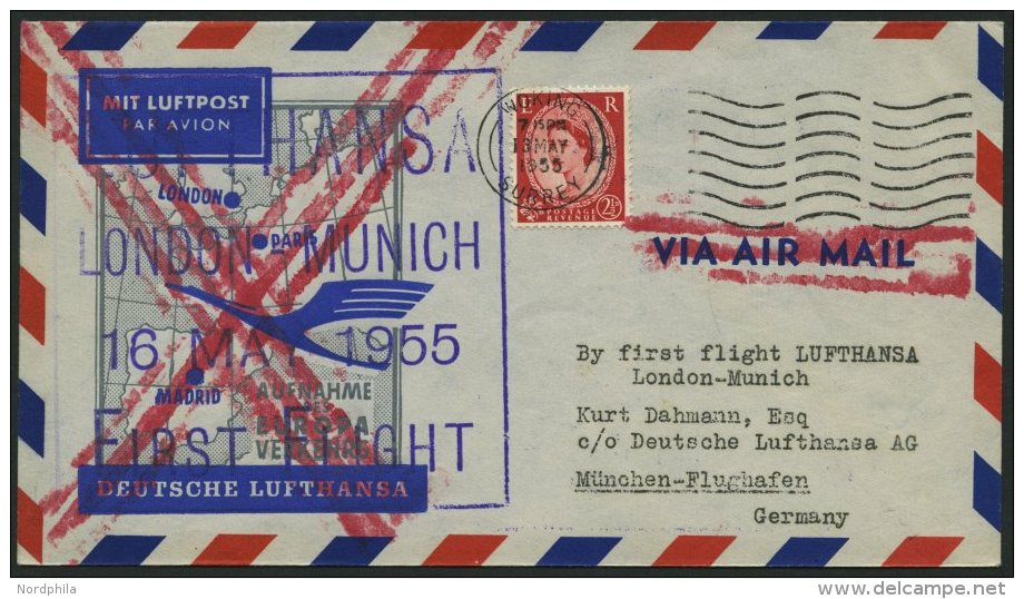 DEUTSCHE LUFTHANSA 29 BRIEF, 16.5.1955, London-M&uuml;nchen, Ohne Ankunftsstempel, Prachtbrief - Gebraucht
