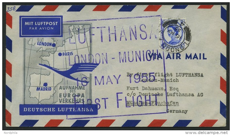 DEUTSCHE LUFTHANSA 29 BRIEF, 16.5.1955, London-M&uuml;nchen, R&uuml;ckseitig Stempel Deutsche Lufthansa Aktiengesellscha - Usados