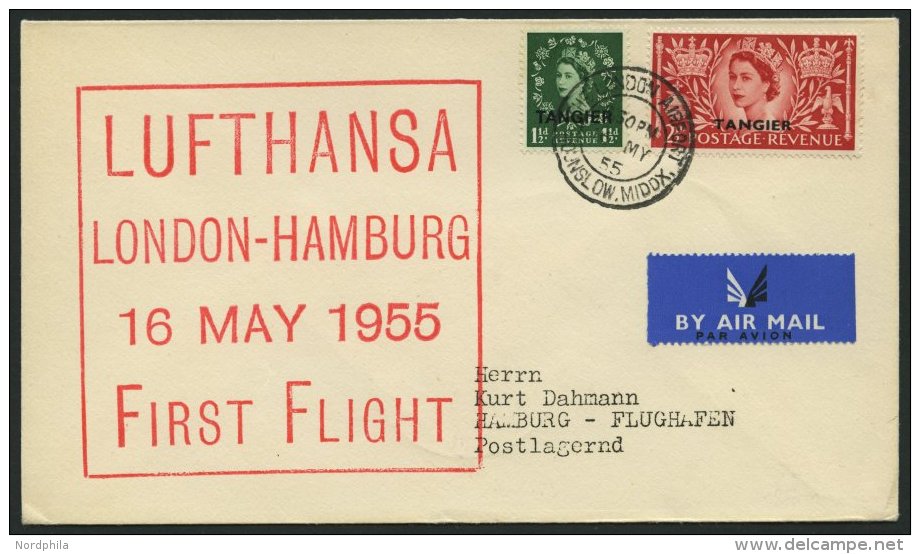DEUTSCHE LUFTHANSA 25 BRIEF, 16.5.1955, London-Hamburg, Brit.Post In Tanger Mi.Nr. 61 Und 76, Prachtbrief - Gebraucht