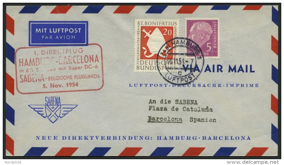 ERST-UND ER&Ouml;FFNUNGSFL&Uuml;GE 2496 BRIEF, 5.11.54, Hamburg-Barcelona, Prachtbrief - Cartas & Documentos