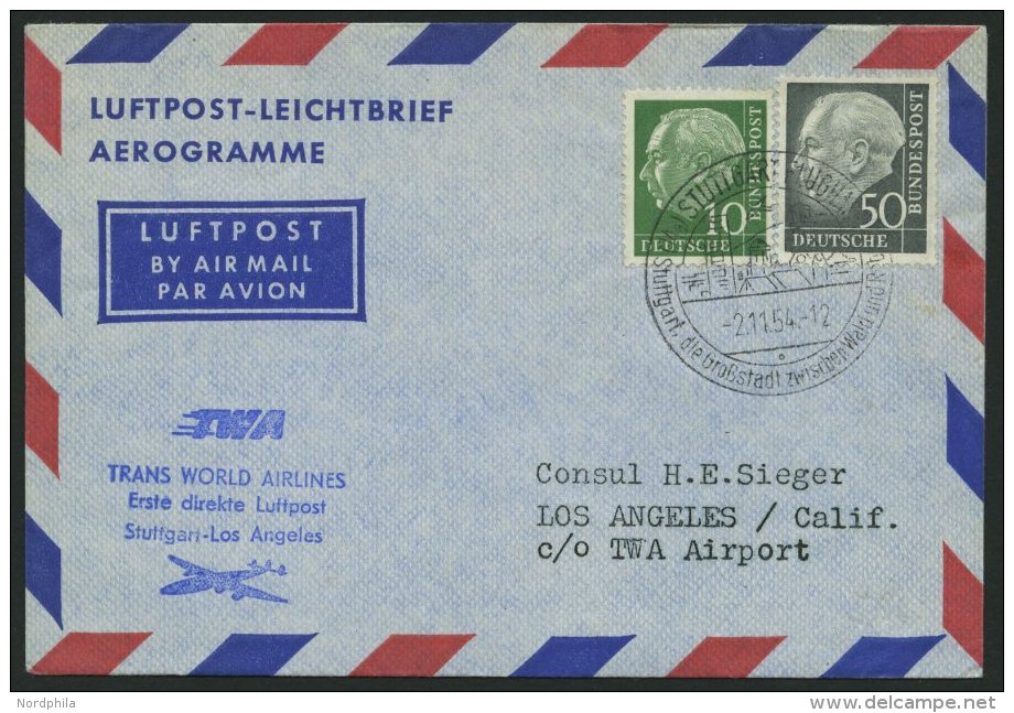 ERST-UND ER&Ouml;FFNUNGSFL&Uuml;GE 2493 BRIEF, 2.11.54, Stuttgart-Los Angeles, Prachtbrief - Cartas & Documentos