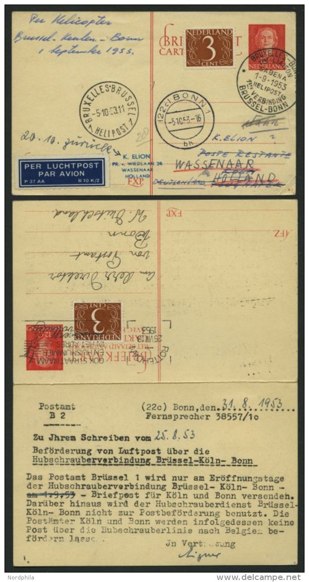 ERST-UND ER&Ouml;FFNUNGSFL&Uuml;GE 2452 BRIEF, 5.10.53, Br&uuml;ssel-Bonn, 2 Verschiedene Niederl&auml;ndische Belege, P - Cartas & Documentos