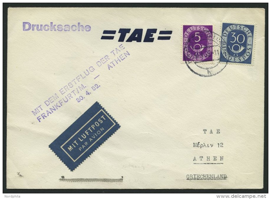 ERST-UND ER&Ouml;FFNUNGSFL&Uuml;GE 2414a BRIEF, 30.4.52, Frankfurt-Athen, Violetter L3, Prachtbrief - Storia Postale