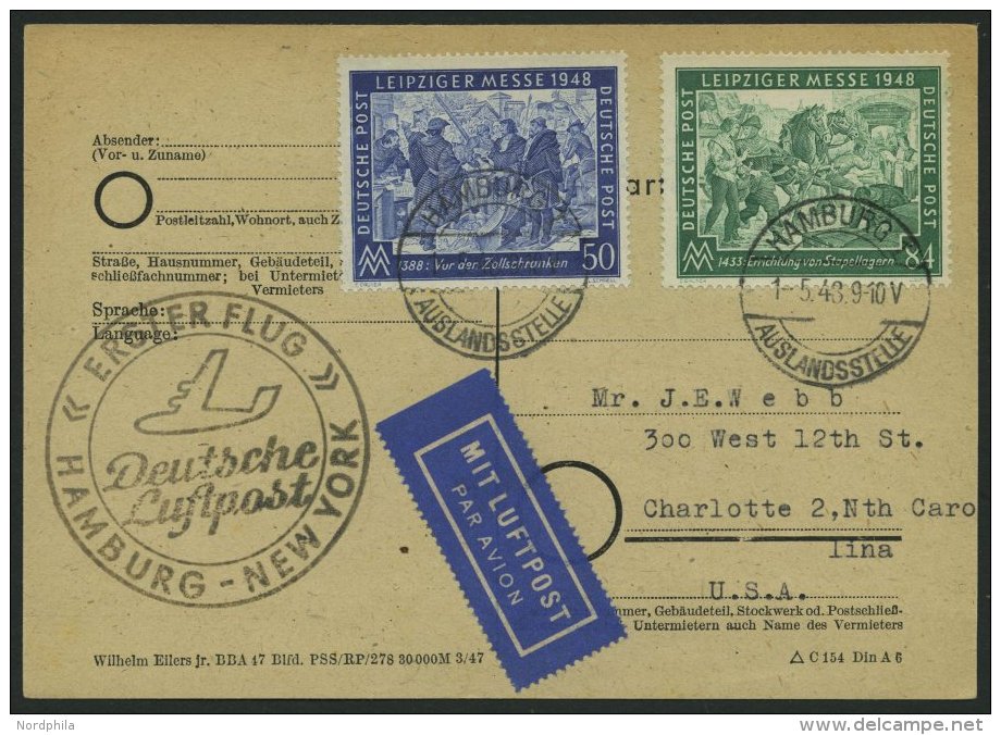 ERST-UND ER&Ouml;FFNUNGSFL&Uuml;GE 2304 BRIEF, 1.5.48, Hamburg-New York, Flugbest&auml;tigungsstempel In Schwarz (Gef&au - Cartas & Documentos