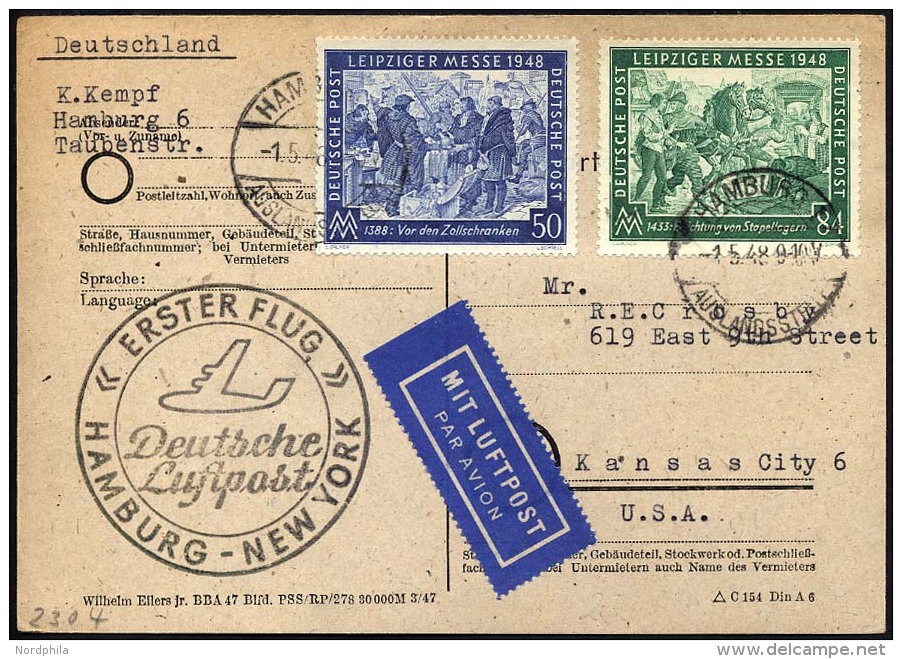 ERST-UND ER&Ouml;FFNUNGSFL&Uuml;GE 2304 BRIEF, 1.5.48, Hamburg-New York, Flugbest&auml;tigungsstempel In Schwarz (Gef&au - Briefe U. Dokumente