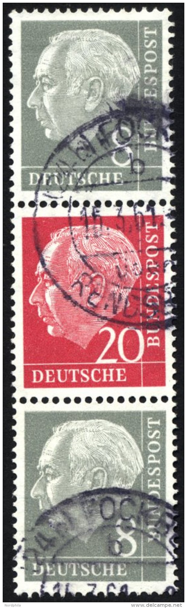 ZUSAMMENDRUCKE S 50YII O, 1960, Heuss Wz. Liegend 8 + 20 + 8, Nachauflage, Pracht, Gepr. Schlegel, Mi. 350.- - Usados