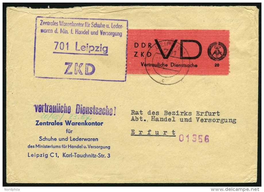 DIENSTMARKEN D VD 1A BRIEF, 1965, 20 Pf. Br&auml;unlichrot/schwarz, Gez&auml;hnt 91/2, Auf Brief Aus LEIPZIG C1, Normale - Otros & Sin Clasificación