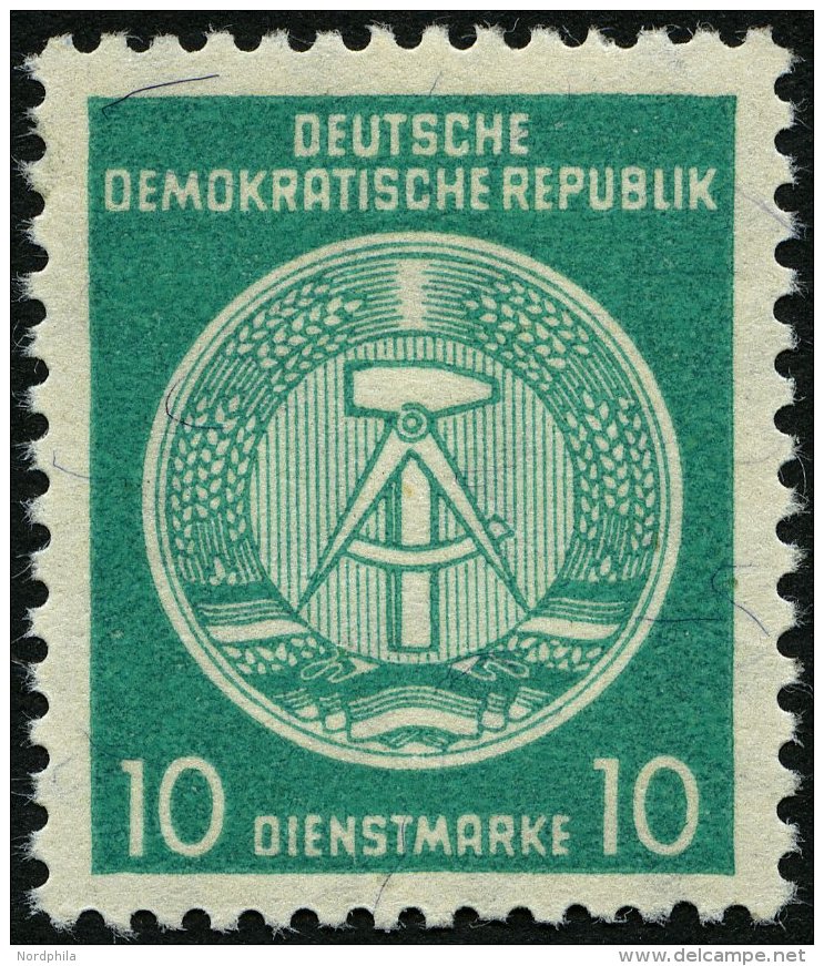 DIENSTMARKEN A D 30XII **, 1956, 10 Pf. Bl&auml;ulichgr&uuml;n, Faserpapier, Wz. 2 XII, Pracht, Gepr. Jahn, Mi. 70.- - Sonstige & Ohne Zuordnung