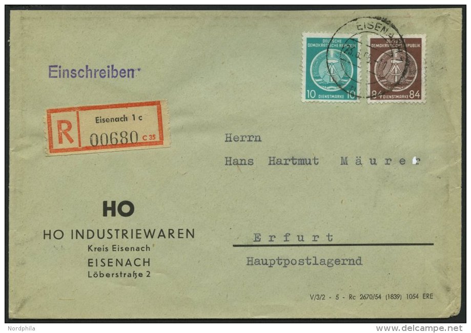 DIENSTMARKEN A D 4,17 BRIEF, 1955, 84 Pf. Lebhaftr&ouml;tlichbraun Mit 10 Pf. Zusatzfrankatur Auf Einschreibbrief, Prach - Otros & Sin Clasificación