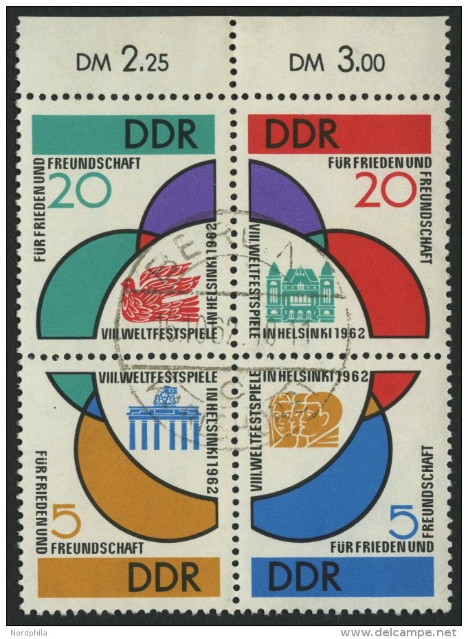 DDR 901-04 VB O, 1962, Weltfestspiele Im Viererblock Mit Tagesstempel, Pracht, Mi. 70.- - Gebraucht