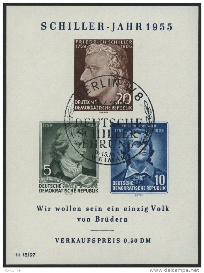 DDR Bl. 12IX O, 1955 Block Schiller Mit Abart Vorgezogener Fu&szlig;strich Bei J, Zus&auml;tzlich Waagerechter Strich Du - Usados