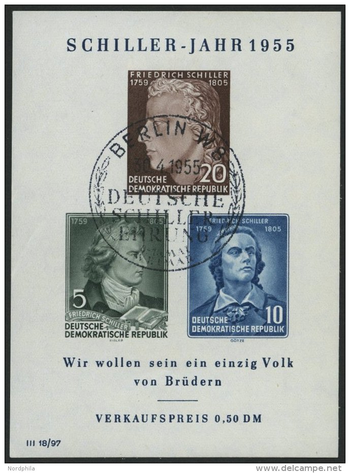 DDR Bl. 12IV O, 1955, Block Schiller Mit Abart Vorgezogener Fu&szlig;strich Bei J, Ersttags-Sonderstempel, Pracht, Mi. 1 - Gebraucht