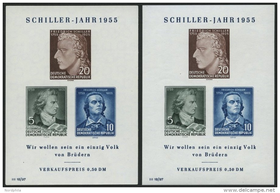 DDR Bl. 12I/II **, 1955, Block Schiller, Beide Wasserzeichen, 2 Prachtblocks, Mi. 54.- - Usados