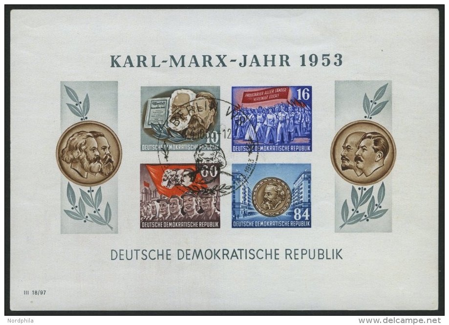 DDR Bl. 9BYI O, 1953, Marx-Block, Ungez&auml;hnt, Wz. 2YI, Ersttags-Sonderstempel, Feinst, Gepr. Sch&ouml;nherr, Mi. 150 - Gebraucht