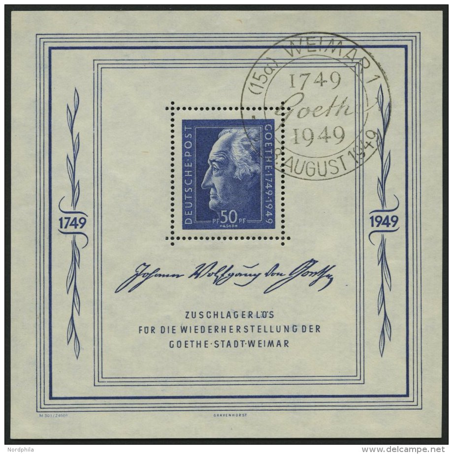 ALLGEMEINE-AUSGABEN Bl. 6 O, 1949, Block Goethe, Sonderstempel WEIMAR, Pracht, Mi. 300.- - Otros & Sin Clasificación