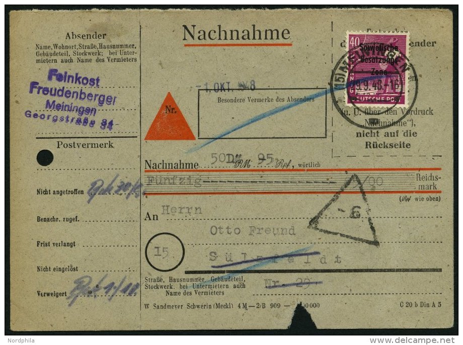 ALLGEMEINE-AUSGABEN 193 BRIEF, 1948, 40 Pf. Dunkelrosalila, Einzelfrankatur Auf Nachnahmekarte, Feinst - Sonstige & Ohne Zuordnung