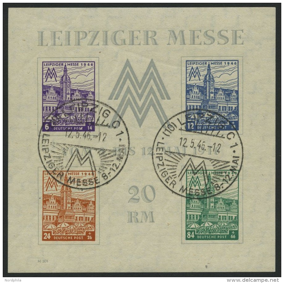WEST-SACHSEN Bl. 5Xa O, 1946, Block Leipziger Messe, Wz. 1X, Type I, Sonderstempel, Herstellungsbedingte Kalanderb&uuml; - Otros & Sin Clasificación